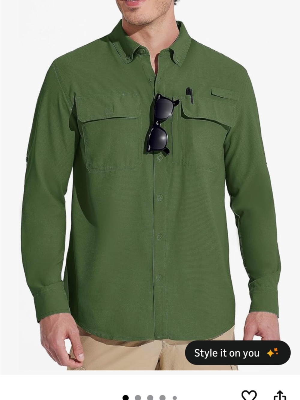 Men's Army Green Button-Up Hiking or Fishing Shirt